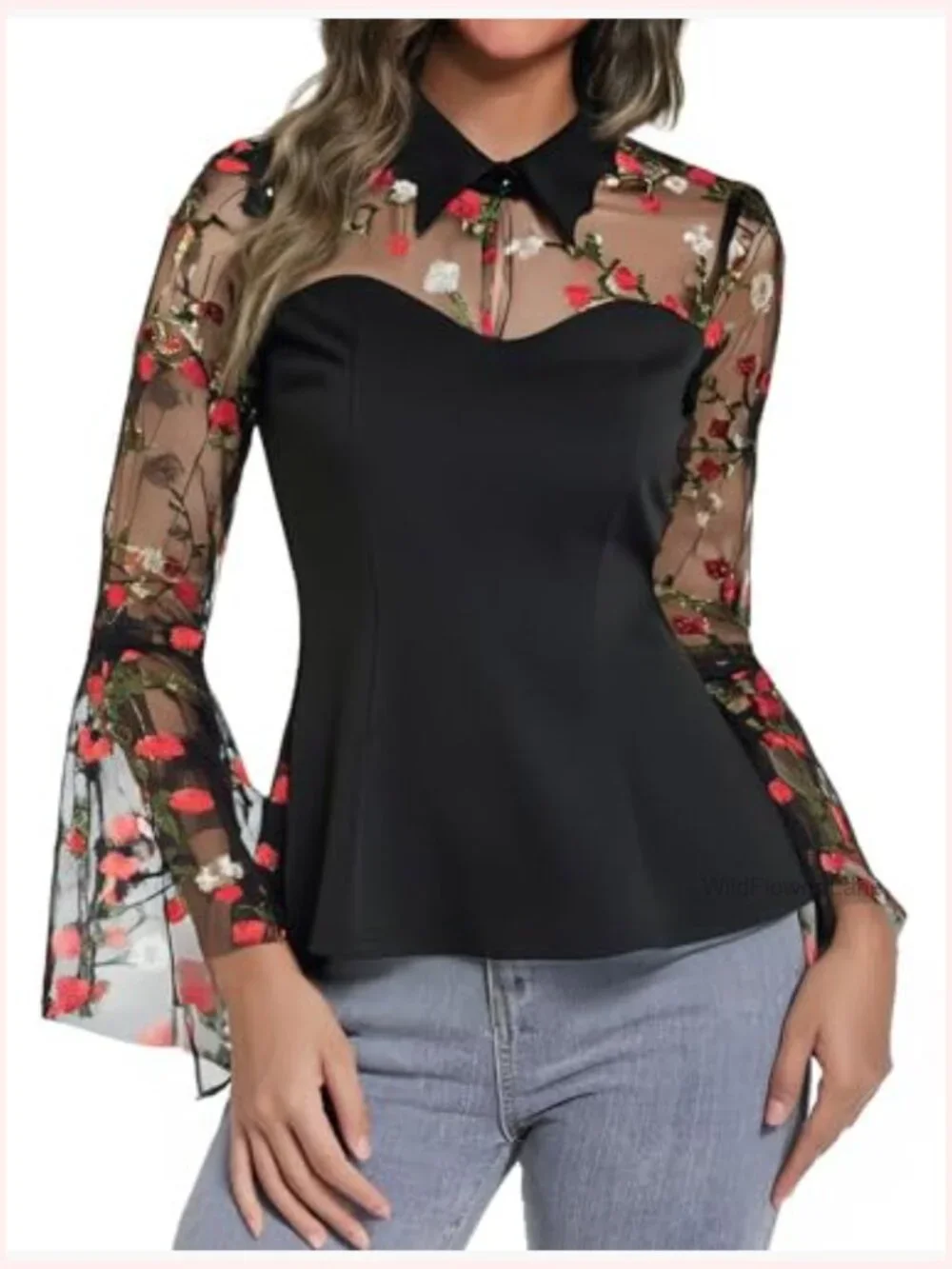 Vintage Gothic Bell Sleeve Blouse Sheer Mesh Top Women Halloween Punk Shirt - Picture 2 of 6